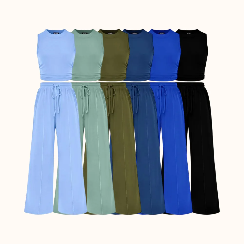 Women's Summer 2-Piece Outfits - Ribbed Knit Crew Neck Sleeveless Cropped Top & Wide Leg Pants Lounge Set