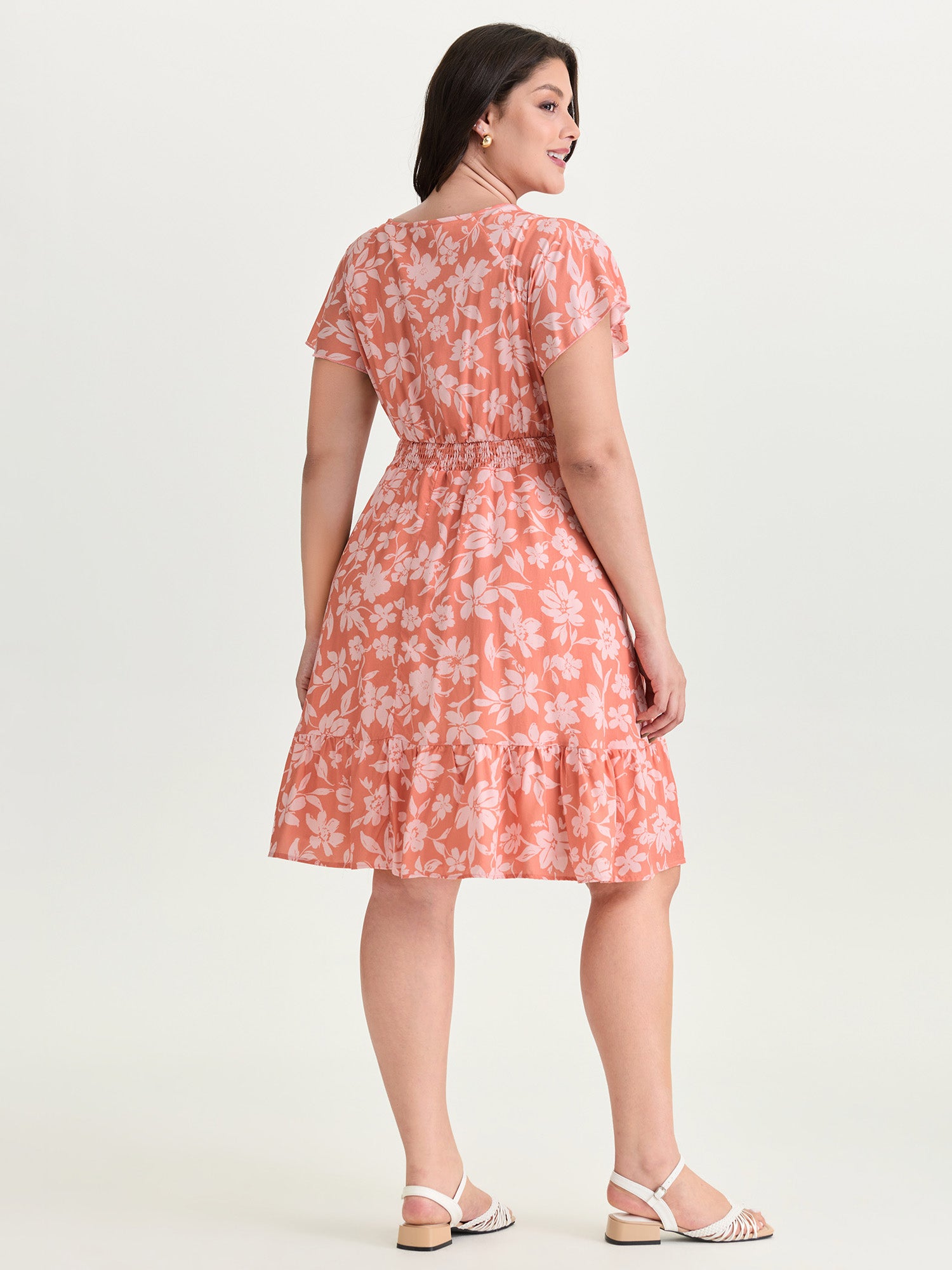 Large Floral Print Shirred Neckline Mini Dress