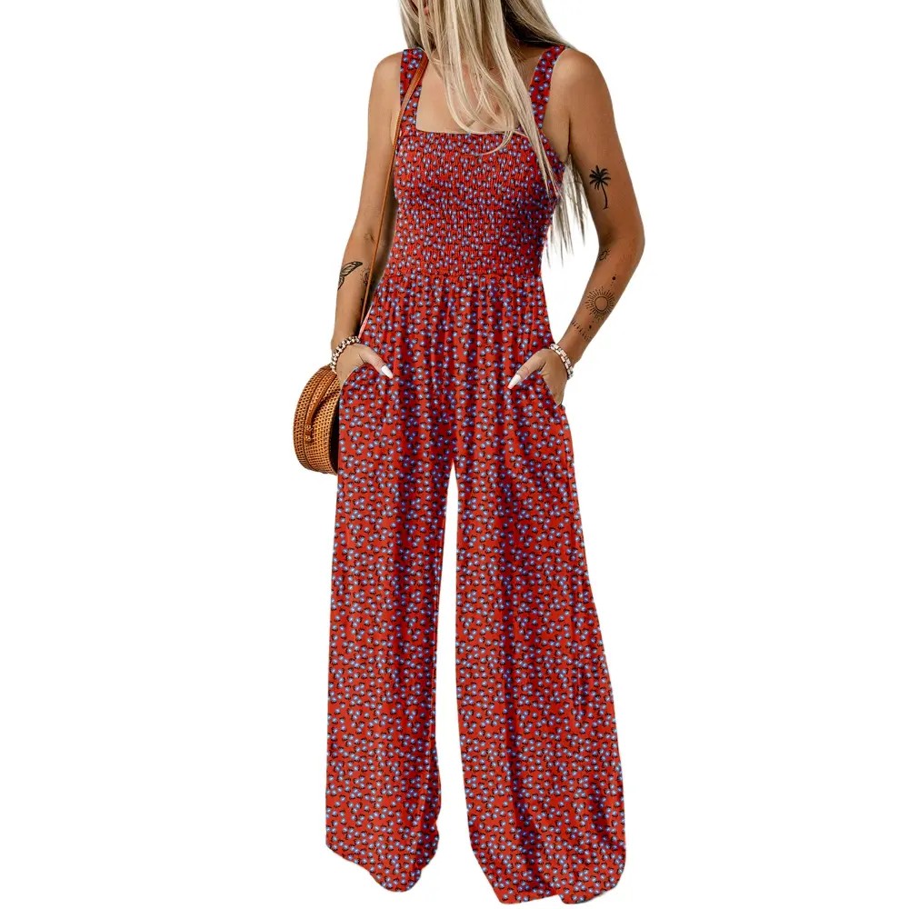 Women's Casual Loose Overalls Jumpsuits One Piece Sleeveless Printed Wide Leg Long Pant Rompers With Pockets