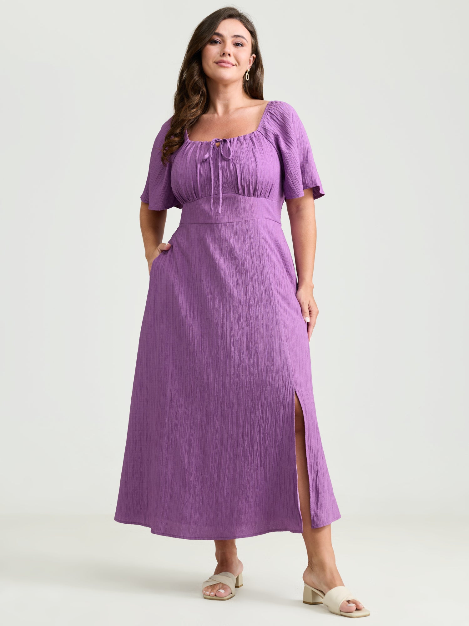 Textured Curvy Hem Bust-Friendly Slit Midi Dress