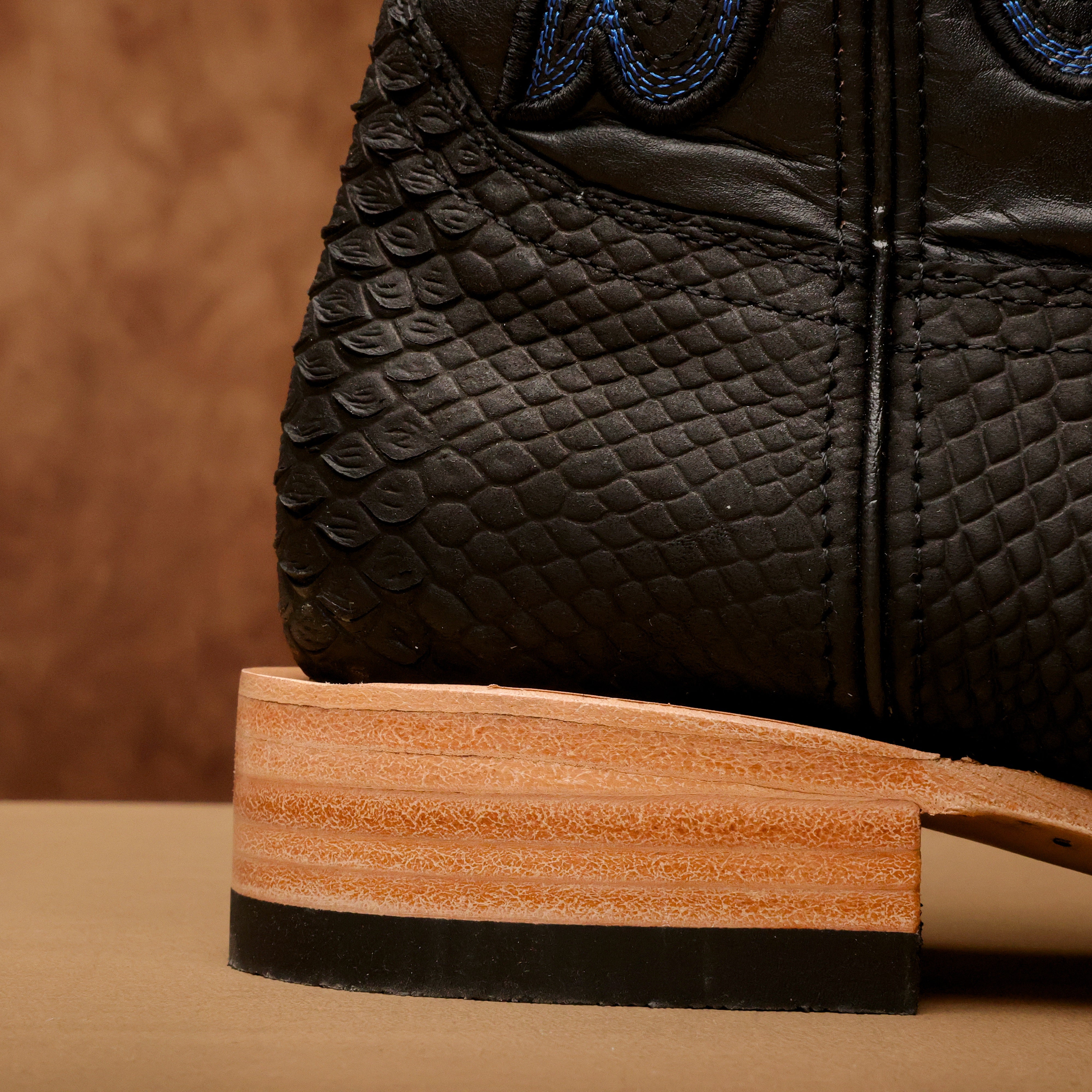 Matte Black Python Leather Boots - Square Toe