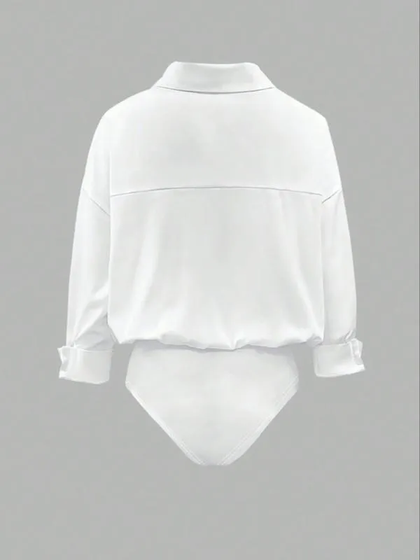 Women's casual loose V-neck long-sleeved shirt jumpsuit, elegant woven fabric, slim fit