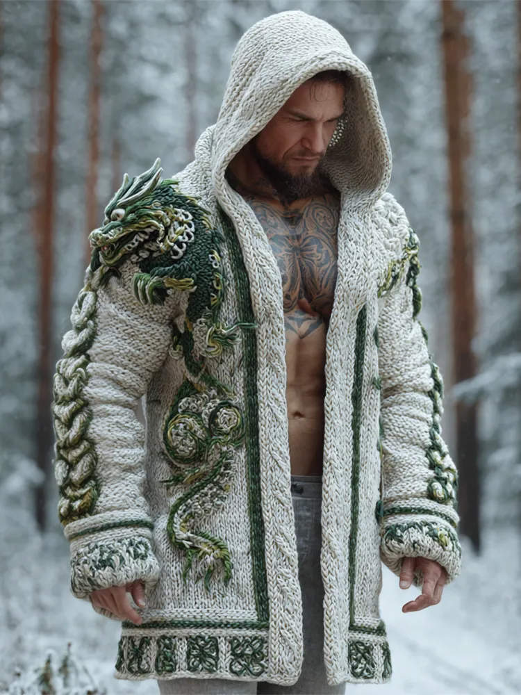 Viking Dragon Totem Men's Knit Hooded Cardigan