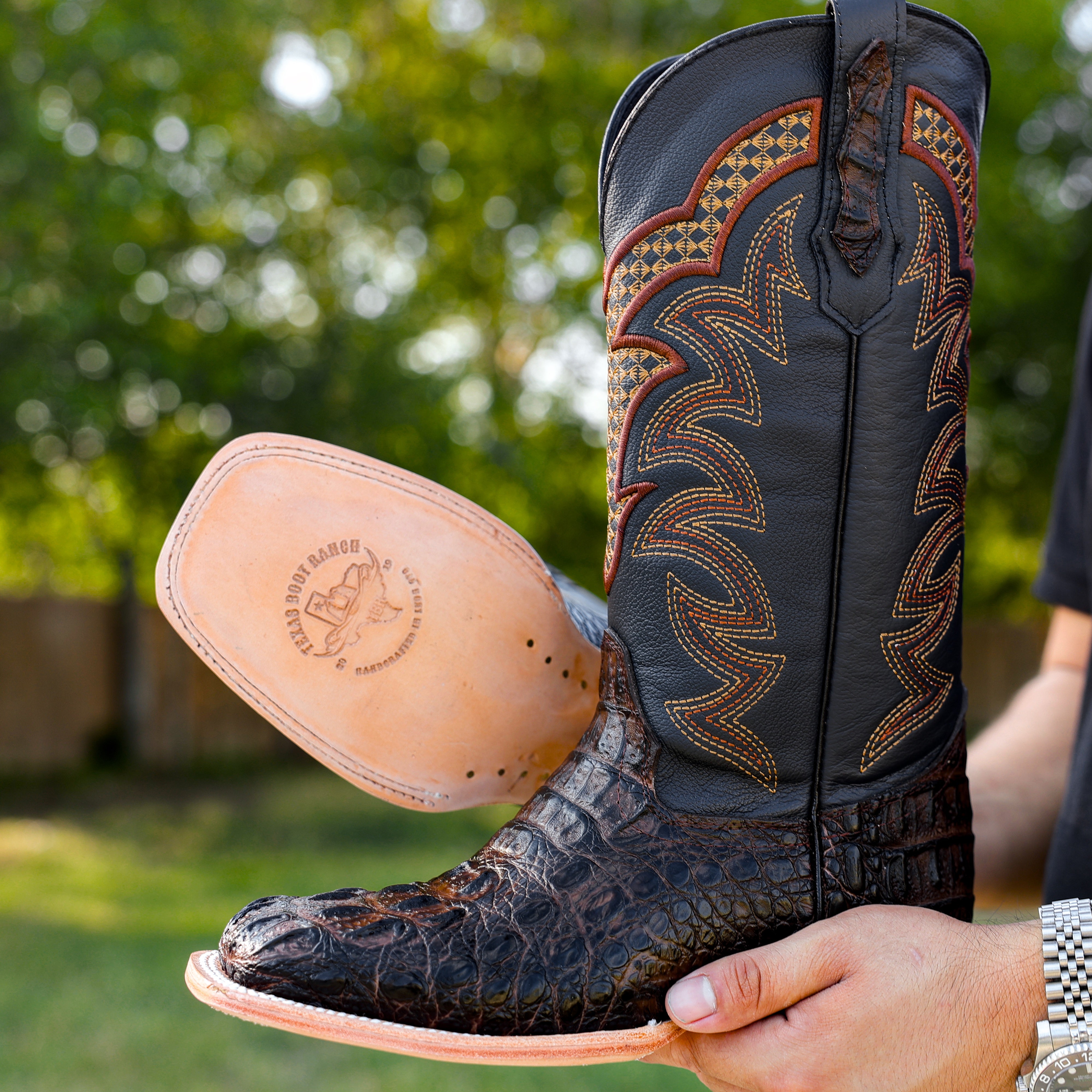 Brown Caiman Neck Leather Boots - Square Toe
