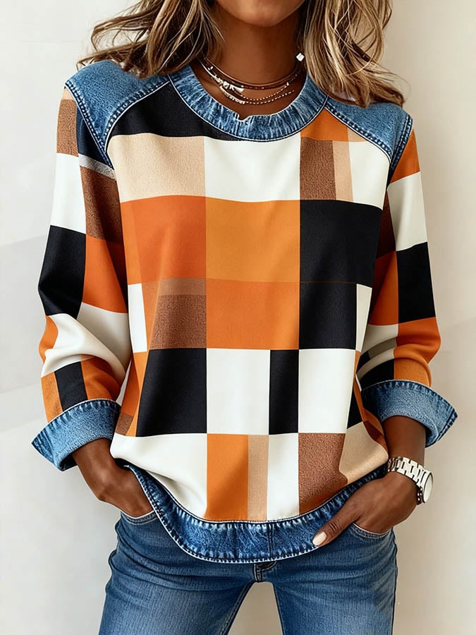 Women'S Casual Round Neck Denim Patchwork Plaid Print Pullover Sweatshirt