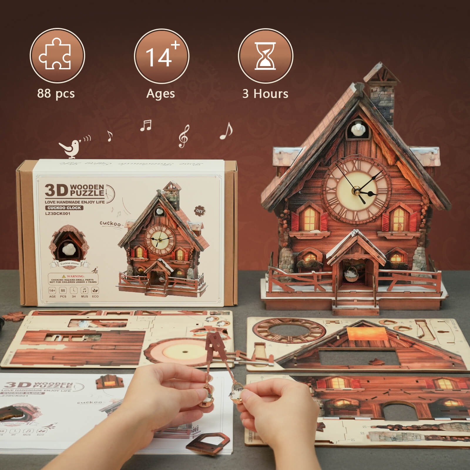 Cuckoo Chiming Swiss Chalet – DIY Wood Clock, 3D Puzzle Kit