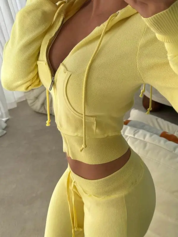 Women's Solid Drawstring Zip Up Crop Hooded Jacket Sets