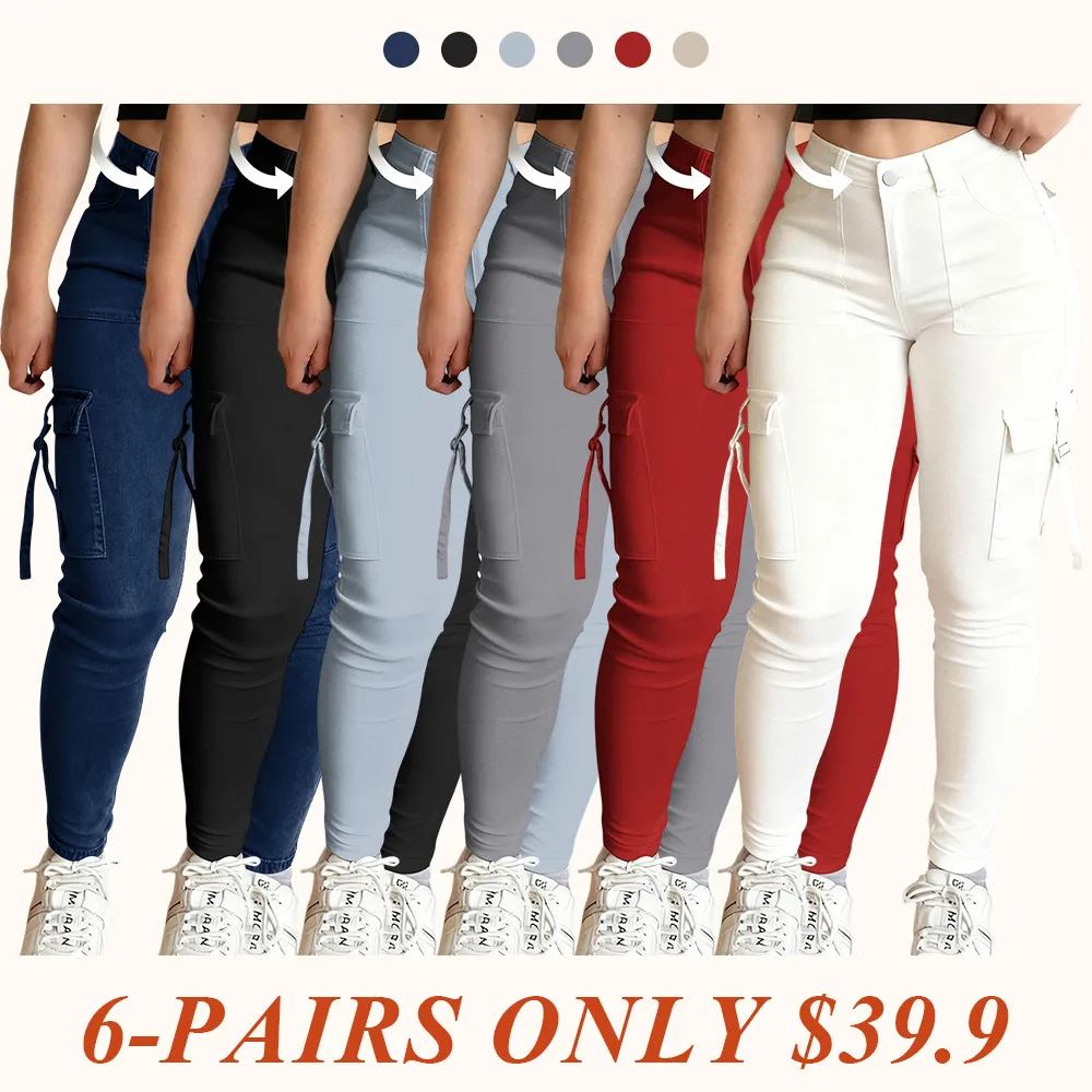 Women's Plain Multi-pocket Denim Cargo Pants