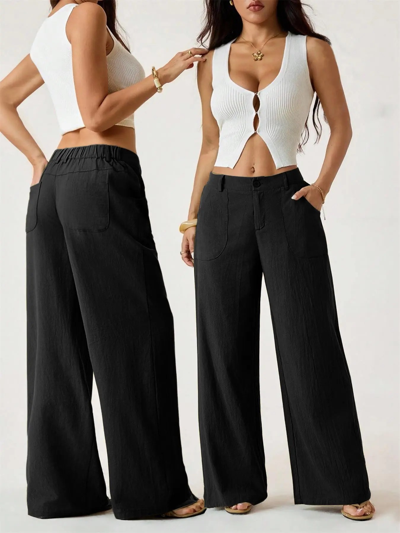 Women's Classical Linen Palazzo Pants Summer Flowy Wide Straight Leg Beach Trousers With Pocket
