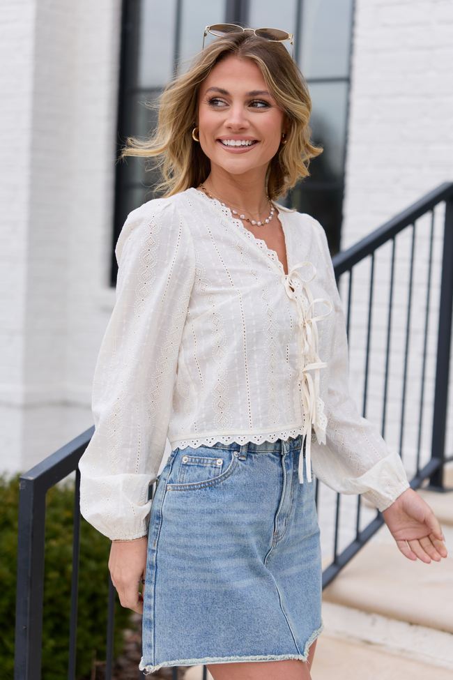 Harper Ivory Eyelet Tie Front Top