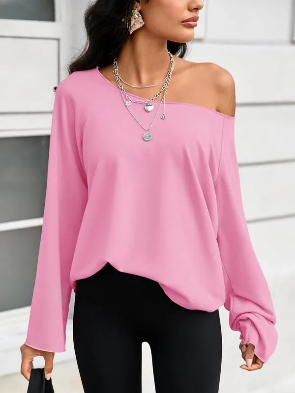Womens Off the Shoulder Sweatshirts Wide Neckline Oversized Pullovers Long Sleeve