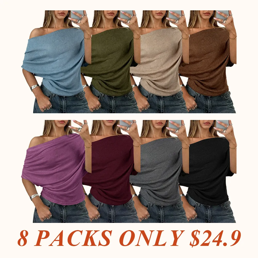 Women's Summer Autumn Plain Asymmetrical Shoulder Batwing Sleeve Knit T-Shirt