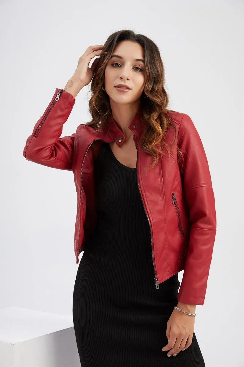 Women's Slim Fit Faux Leather Jacket Stand Collar Motorcycle Style Spring Autumn