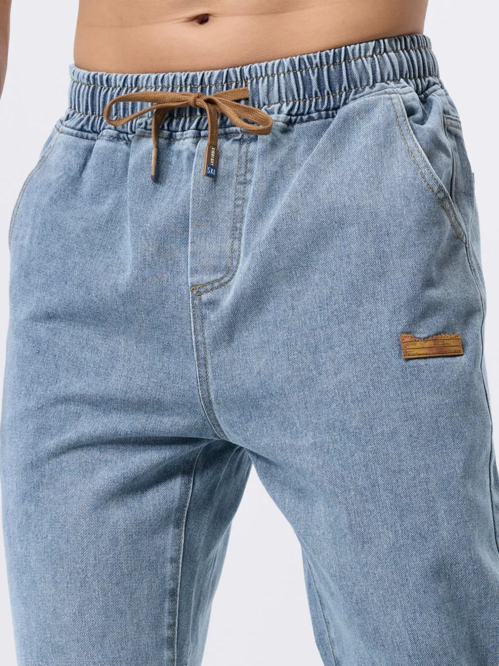 Men's Drawstring Elastic Waist Jeans, Washed Vintage Straight Leg Plain Denim Jeans
