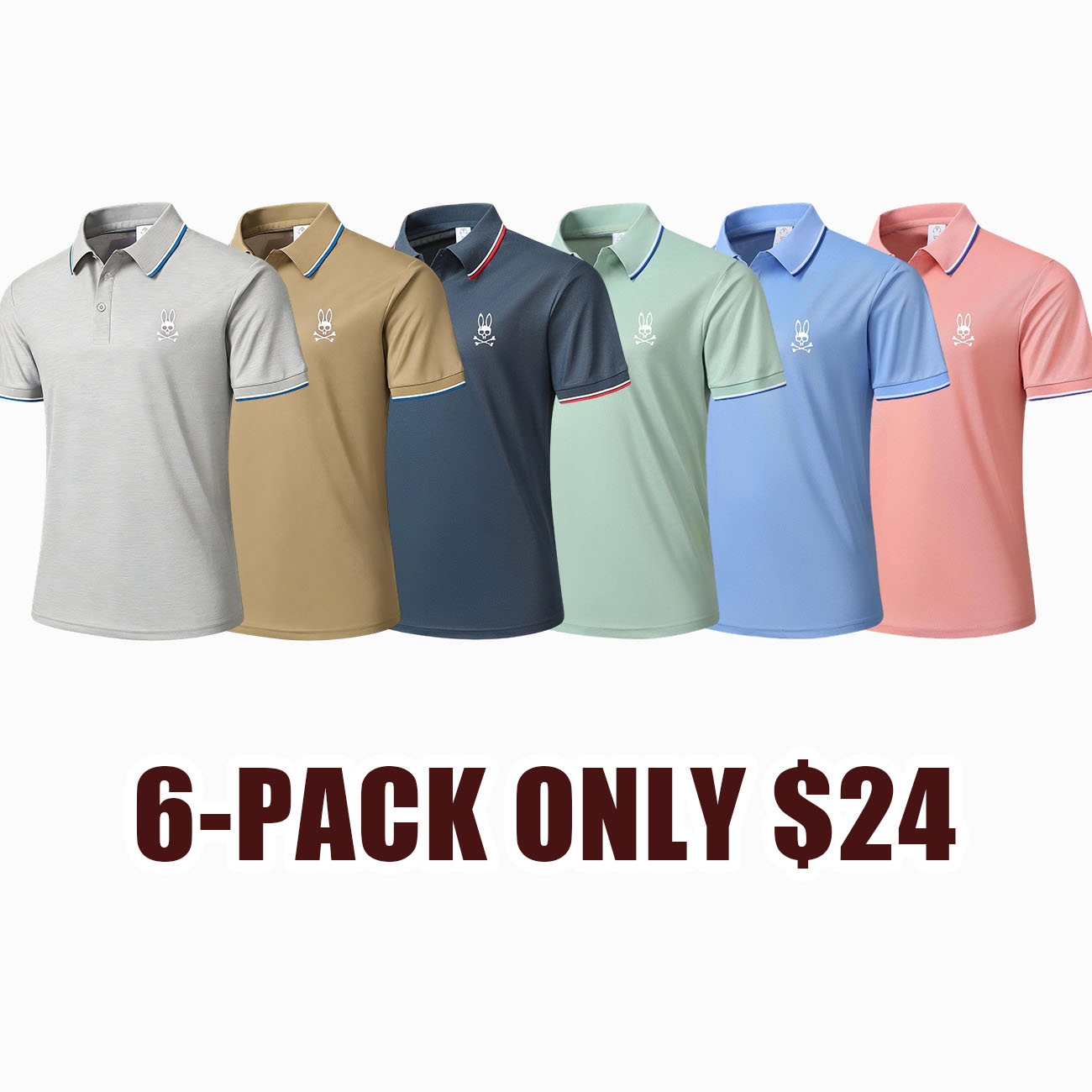 Men’s casual short-sleeve polo shirt set, 6 pieces, mixed colors; printed polo shirts, breathable and cool, suitable for all seasons—an ideal choice for holiday gifts.