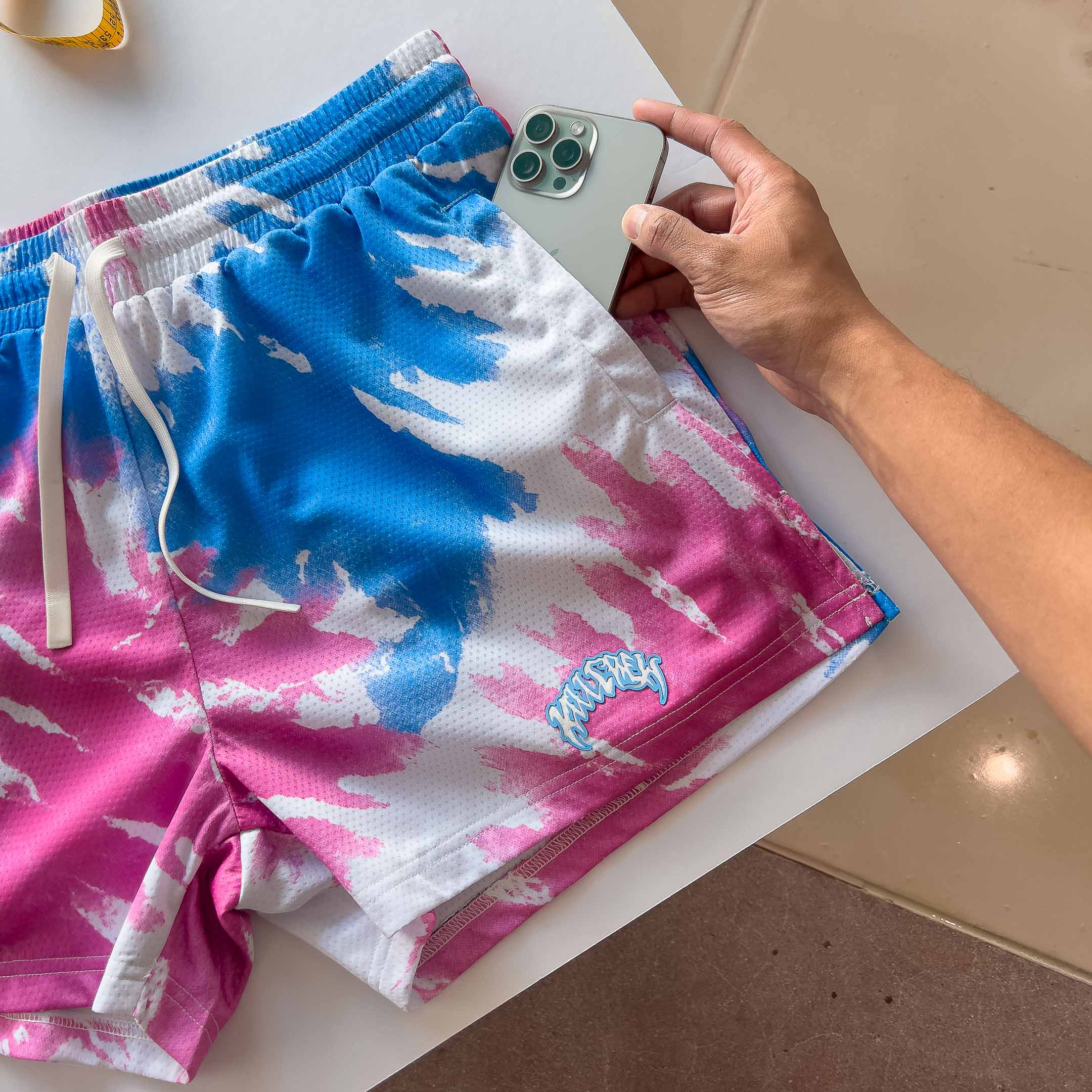 MUAY THAI SHORTS (MID THIGH CUT) RETRO - BLUE / PINK
