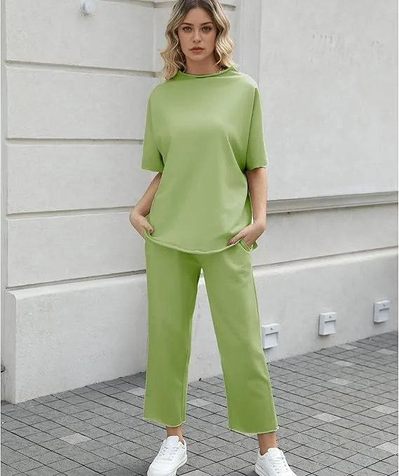 Women's 2 Piece Outfits Lounge Set 3/4 Batwing Sleeve Capelet Crew Neck Pullover Tops Wide Leg Pants