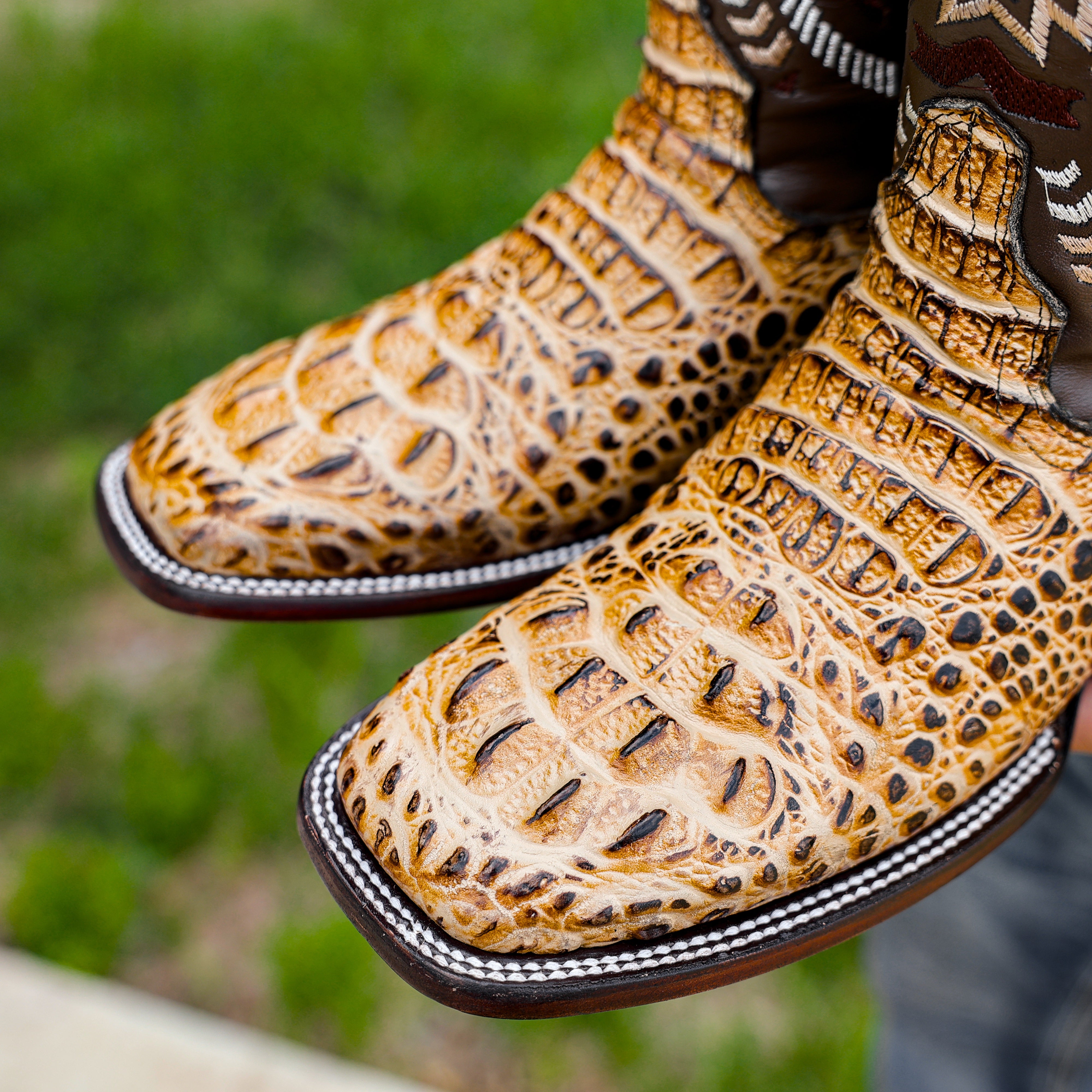 Bone Caiman Neck Leather Boots - Square Toe