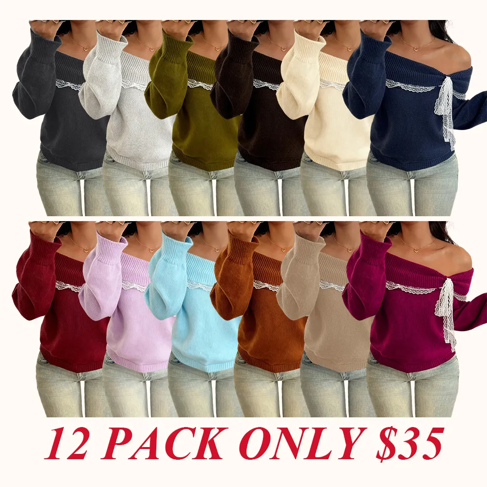 Women's off-shoulder lace bow sweater