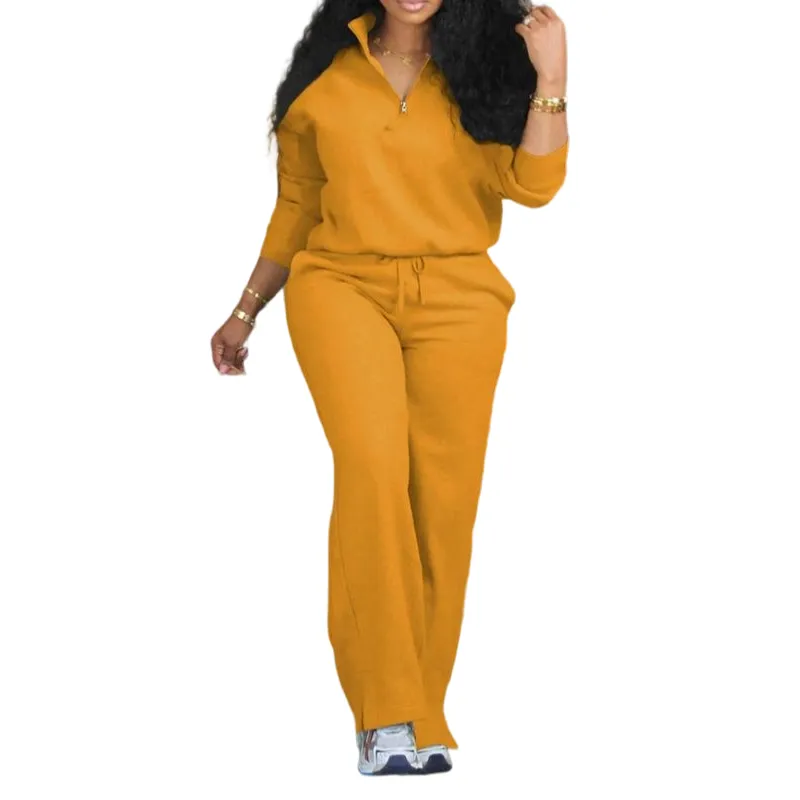 Women's Solid Half Placket Split Hem Pants Set