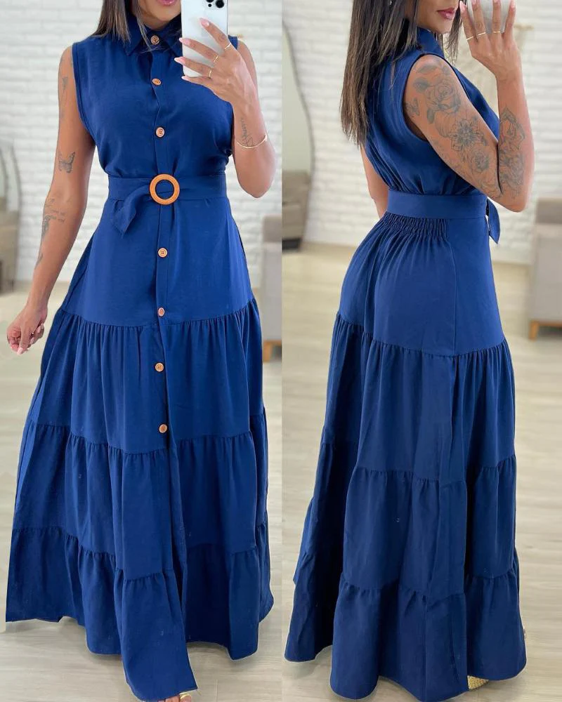 Turn down Collar Sleeveless Button Front Dress Casual Belted Slit Ruched Maxi Dress