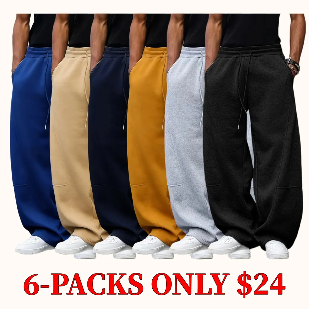 Men's unisex wide-leg sweatpants, loose and breathable polyester casual trousers with drawstring design, and solid color paneling
