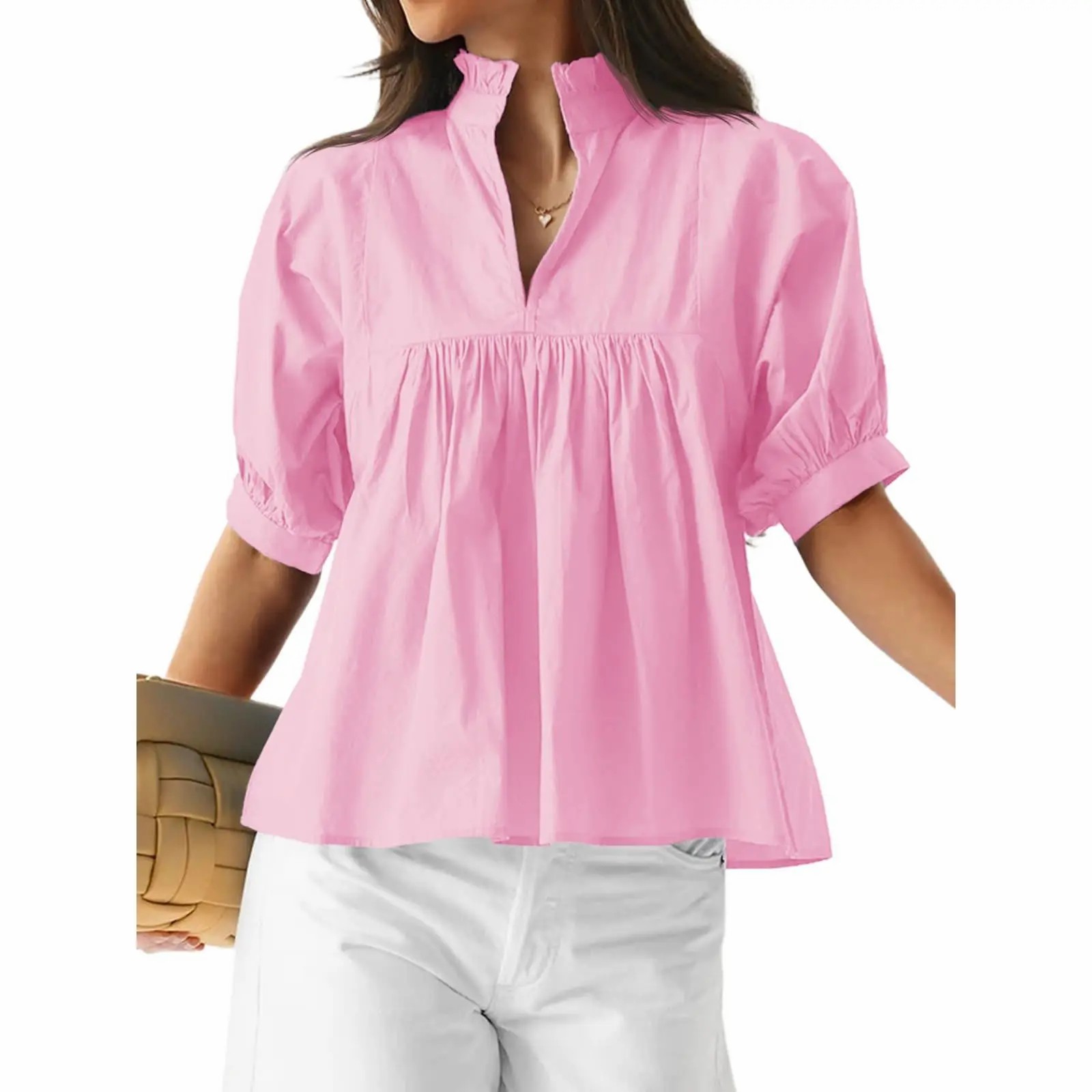 Women's V Neck Puff Sleeve Blouse – Babydoll Peplum Loose Fit Top