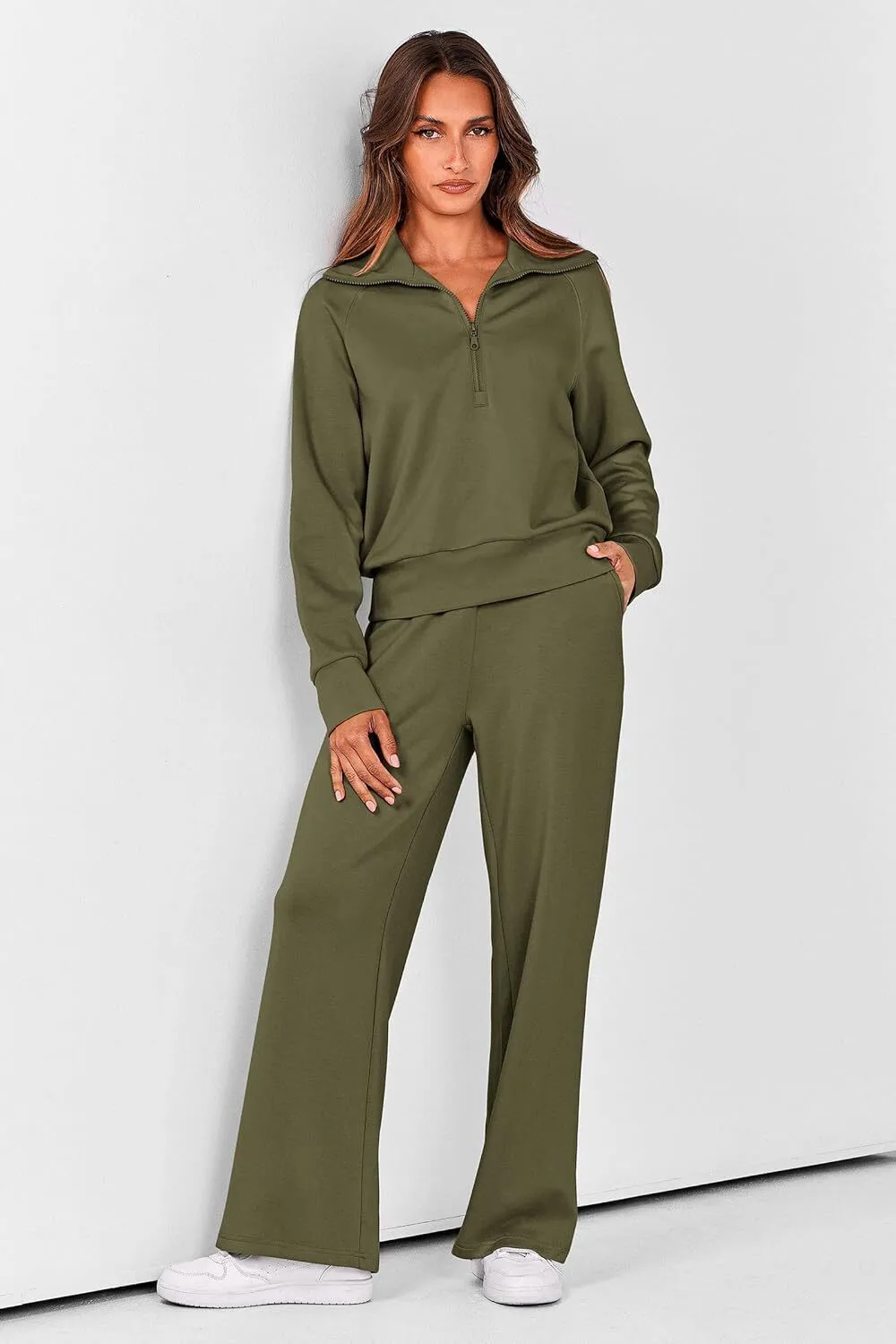 🔥Final Day Clearance!🛒Women's 2 Piece Outfits Casual Lapel Half Zip Sweatshirts And Wide Leg Pants Tracksuit Sets