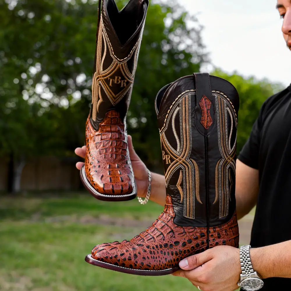 Cognac Caiman Neck Leather Boots - Square Toe
