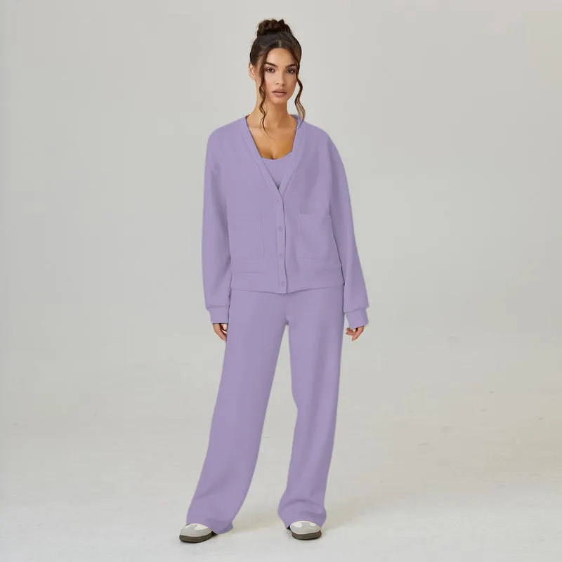Women's Slouchy Solid Color V Neck Long Sleeve Button Cardigan & Drawstring Waist Trousers Co-ord