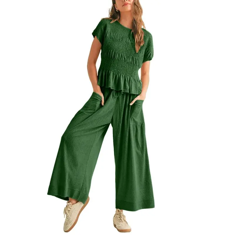 Casual Boho Matching Set Smocked Top & Wide-Leg Pants