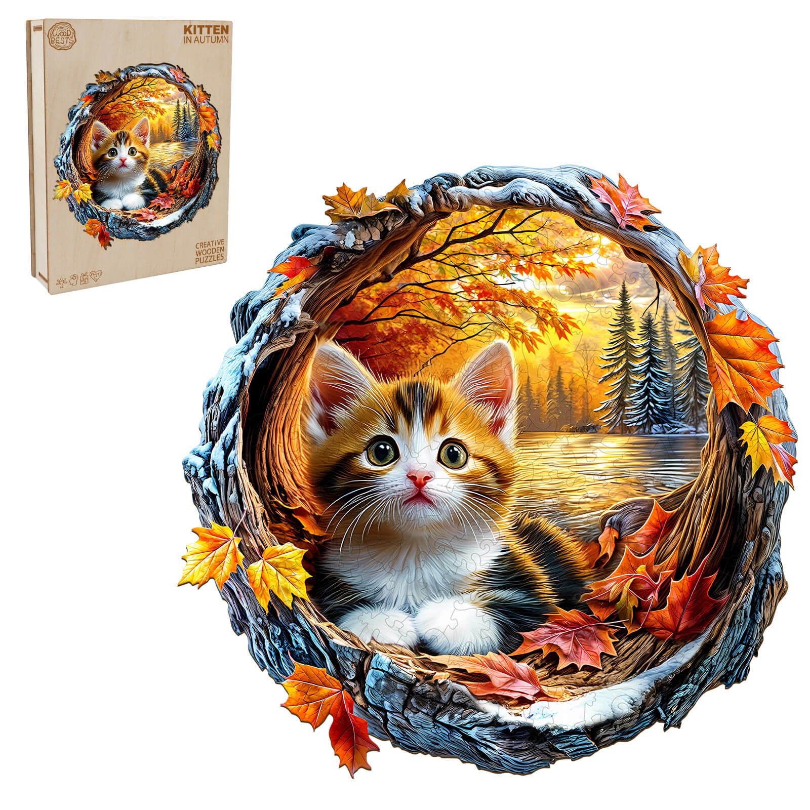 3D Kitten in Autumn Wooden Jigsaw Puzzle