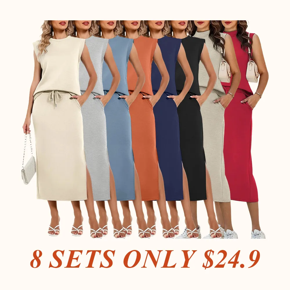 Women's Two Piece Sets Summer Outfits Cap Sleeve Top Drawstring Midi Skirts