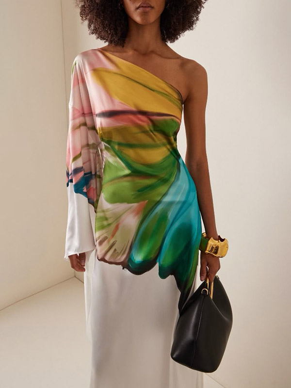 Long Sleeves Loose Asymmetric Flower Print One-Shoulder Maxi Dresses