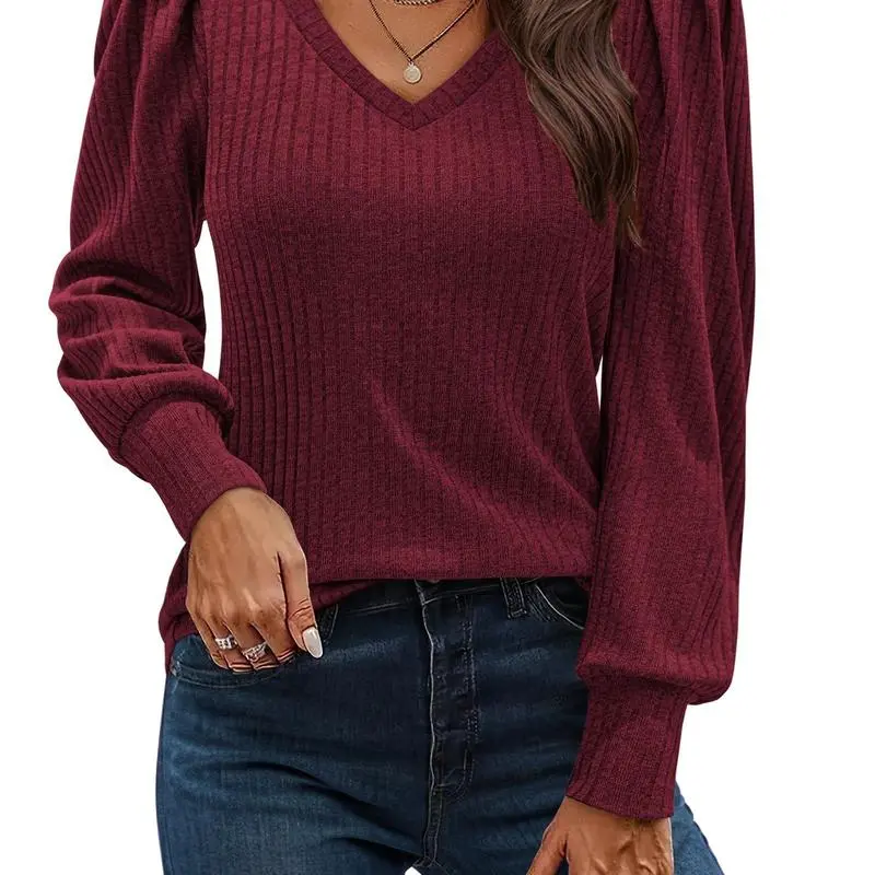Women's Knit Shirt Soft Puff Long Sleeve Blouse Tops