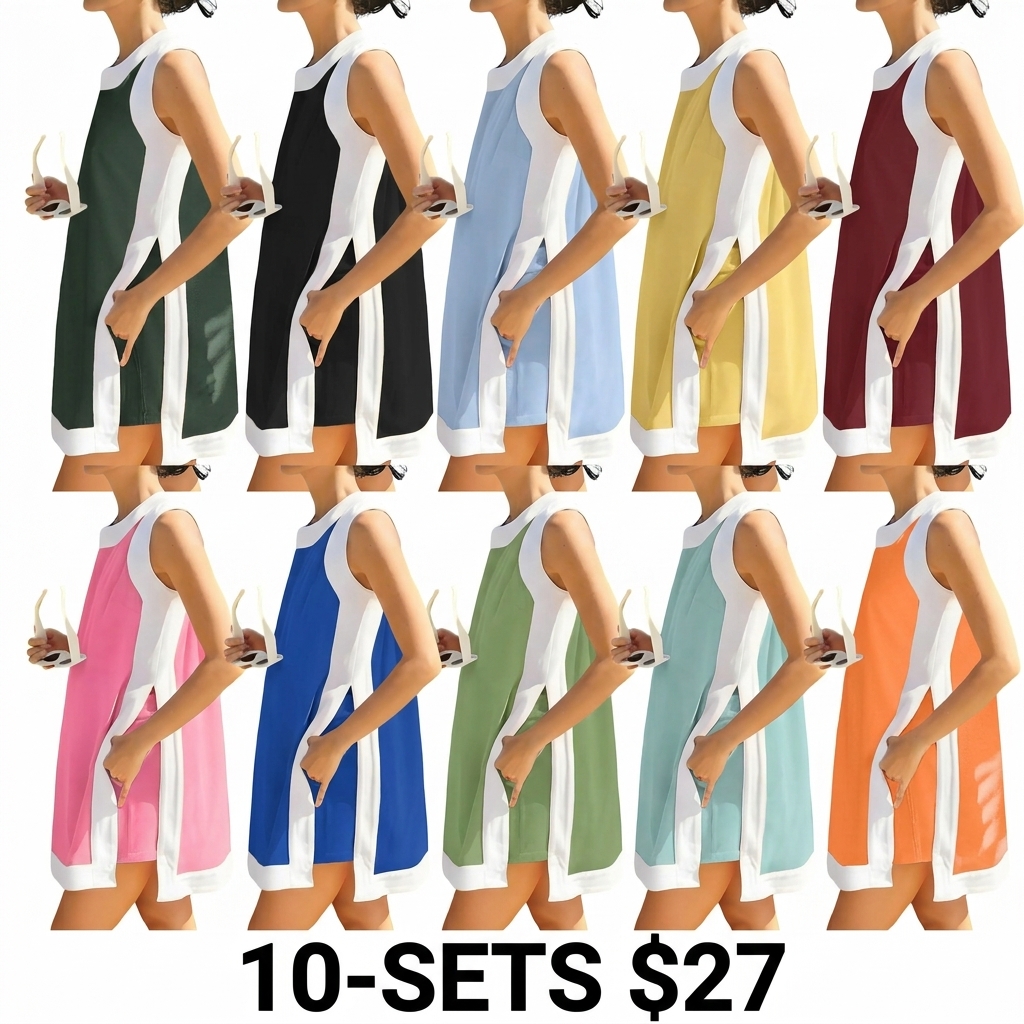 Women's Color Block 2-Piece Set – Crewneck Sleeveless Top & Matching Shorts with Pockets