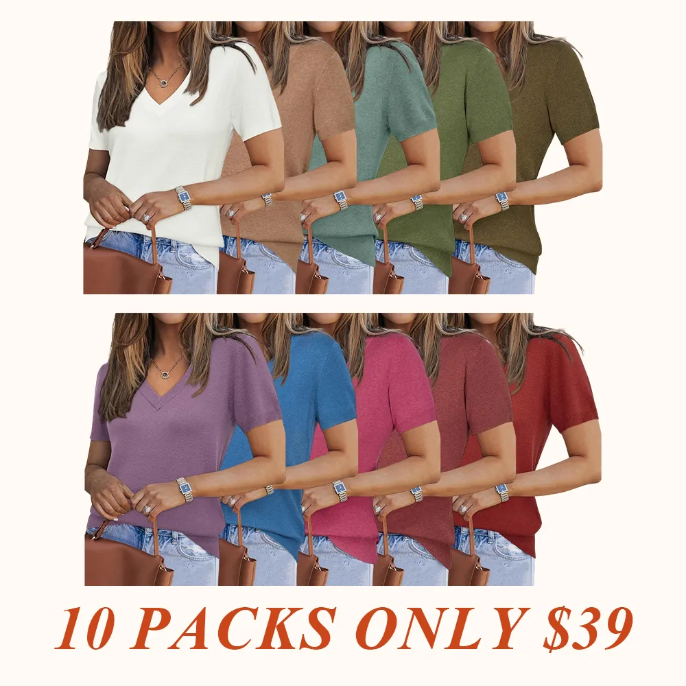 Womens Wool Blend Sweater Soft V Neck Short Sleeve Spring Fashion Pullover Tops