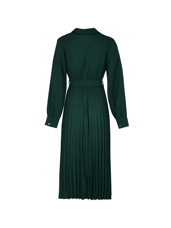 Belted Pleated Solid Color A-Line Long Sleeves Lapel Midi Dresses