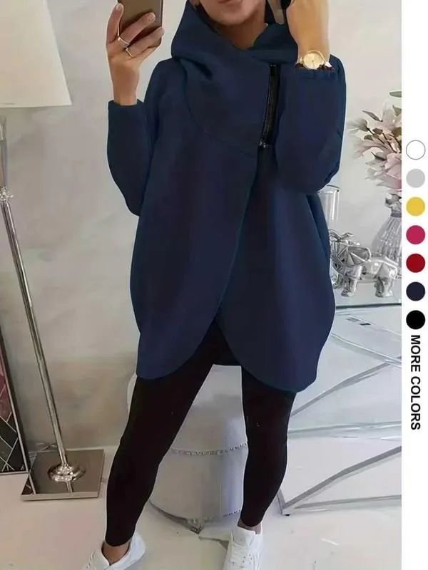 Women's Plus Size Hooded Sweatshirt, Full Zip Fashion Design, Asymmetrical Hem