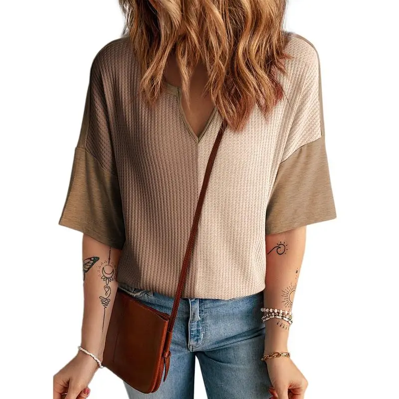 Womens Half Sleeve Waffle Knit Shirts V Neck Colorblock Blouses