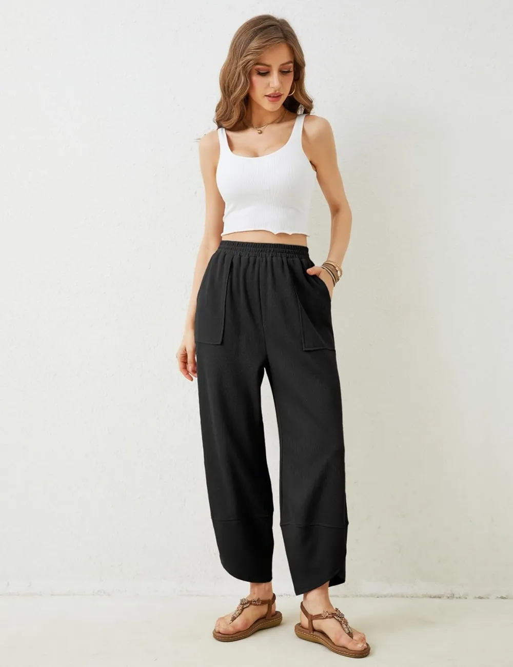 Women's Wide Leg Harem Pants Casual Palazzo Pants with Pockets High Waist Relaxed Fit