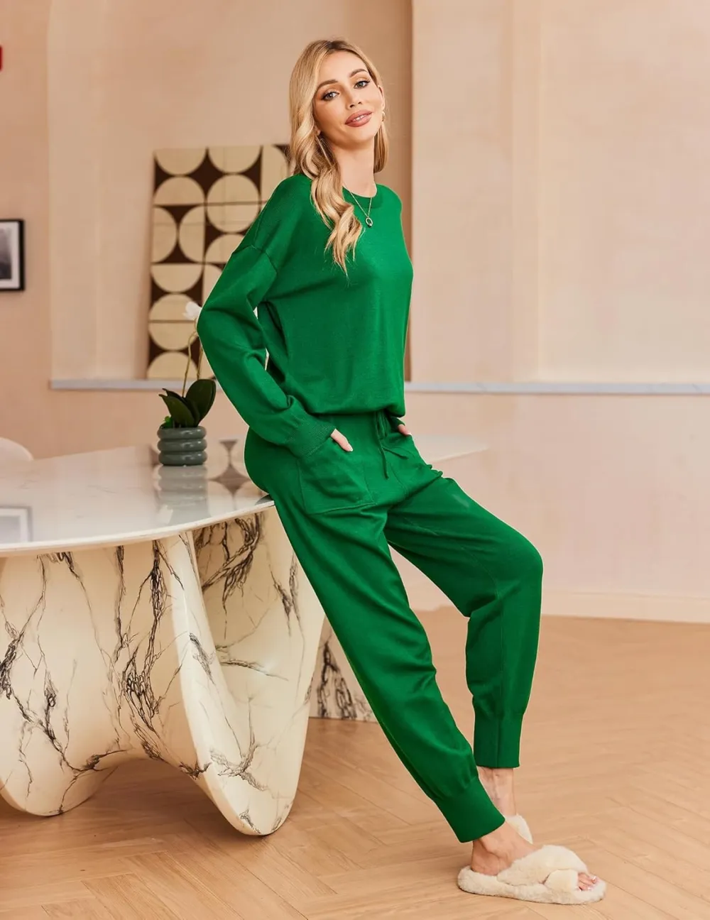 Women's Long Sleeve Knit Loungewear Set Jogger Pants Outfit