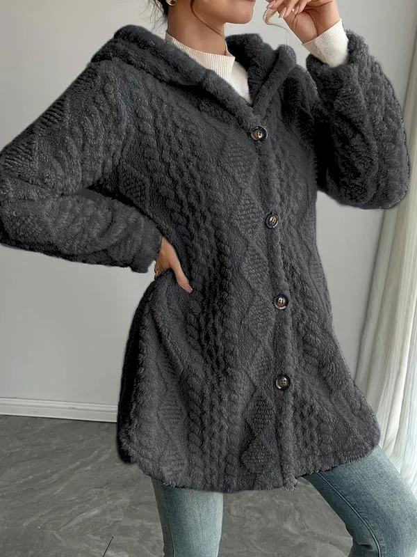 Women's Fall Winter Warm Fashion Jacquard Hooded Cardigan Long Sleeve Coat