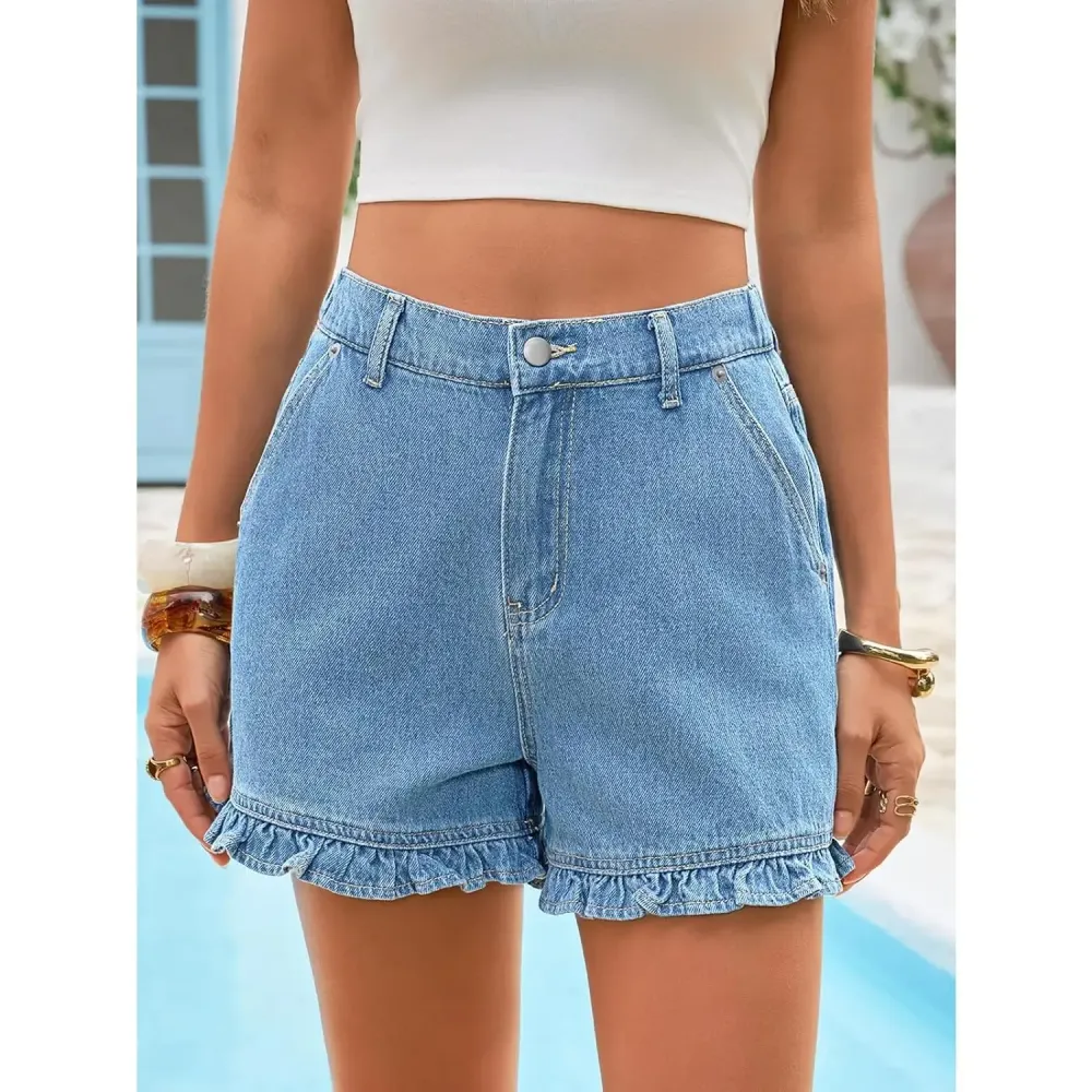 Womens Summer Ruffle Denim Shorts Cute High Waisted Cotton Short Jeans with Pockets