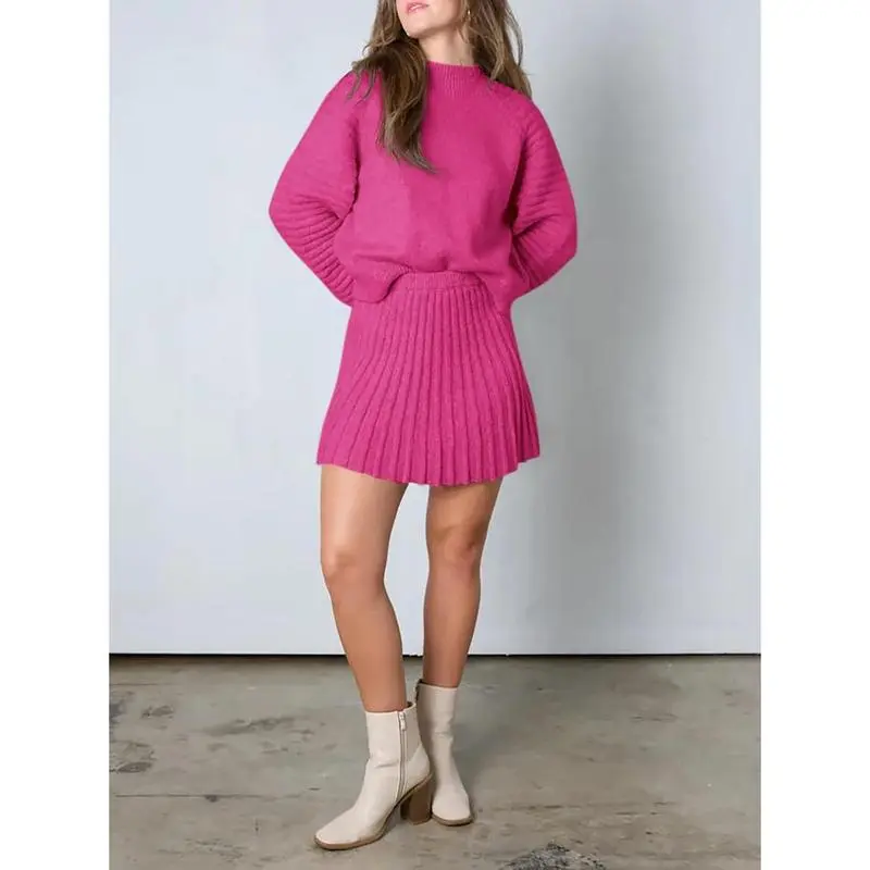 Women's long-sleeved sweater and mini skirt two-piece set