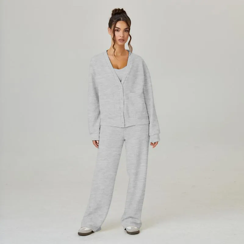 Women's Slouchy Solid Color V Neck Long Sleeve Button Cardigan & Drawstring Waist Trousers Co-ord