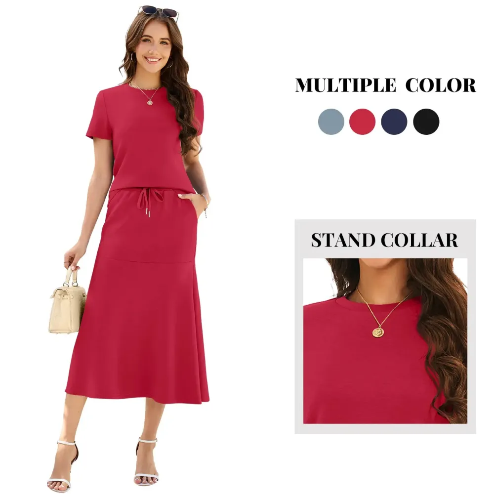 Women's Two Piece Sets Summer Outfits Cap Sleeve Top Drawstring Midi Skirts