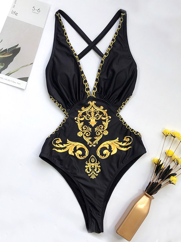 V-Neck Hollow Backless Printing One-Piece Swimwear