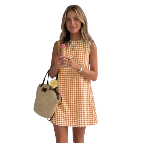 Women's Plaid Dress — Spring/Summer Beach Bohemian Style, Pure Cotton Gingham Attire