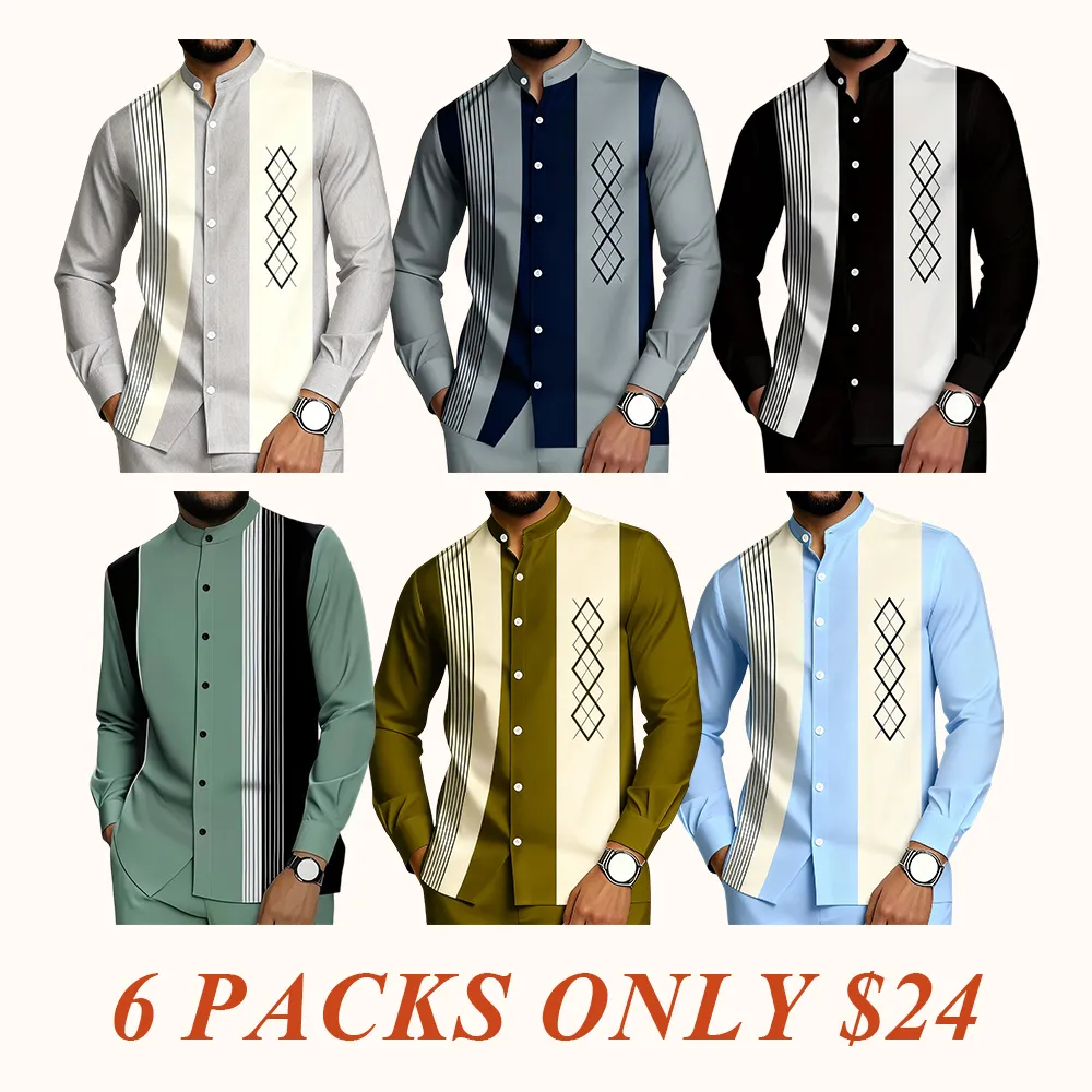 2 piece men's black and white vertical stripe graphic printed button up collar top and drawstring waist casual pants